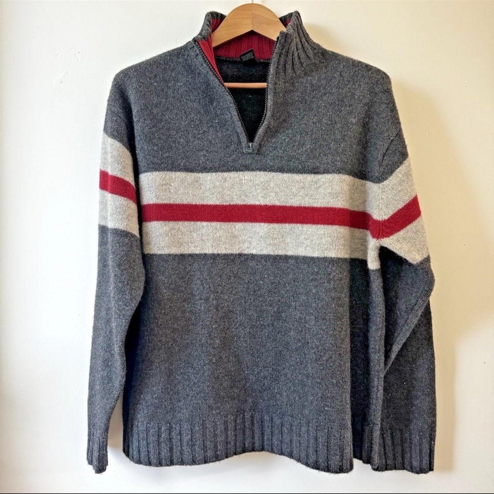 GAP Men’s L Gray Red Stripe Lambswool 1/4 Zip Sweater Pullover Soft Warm Knit